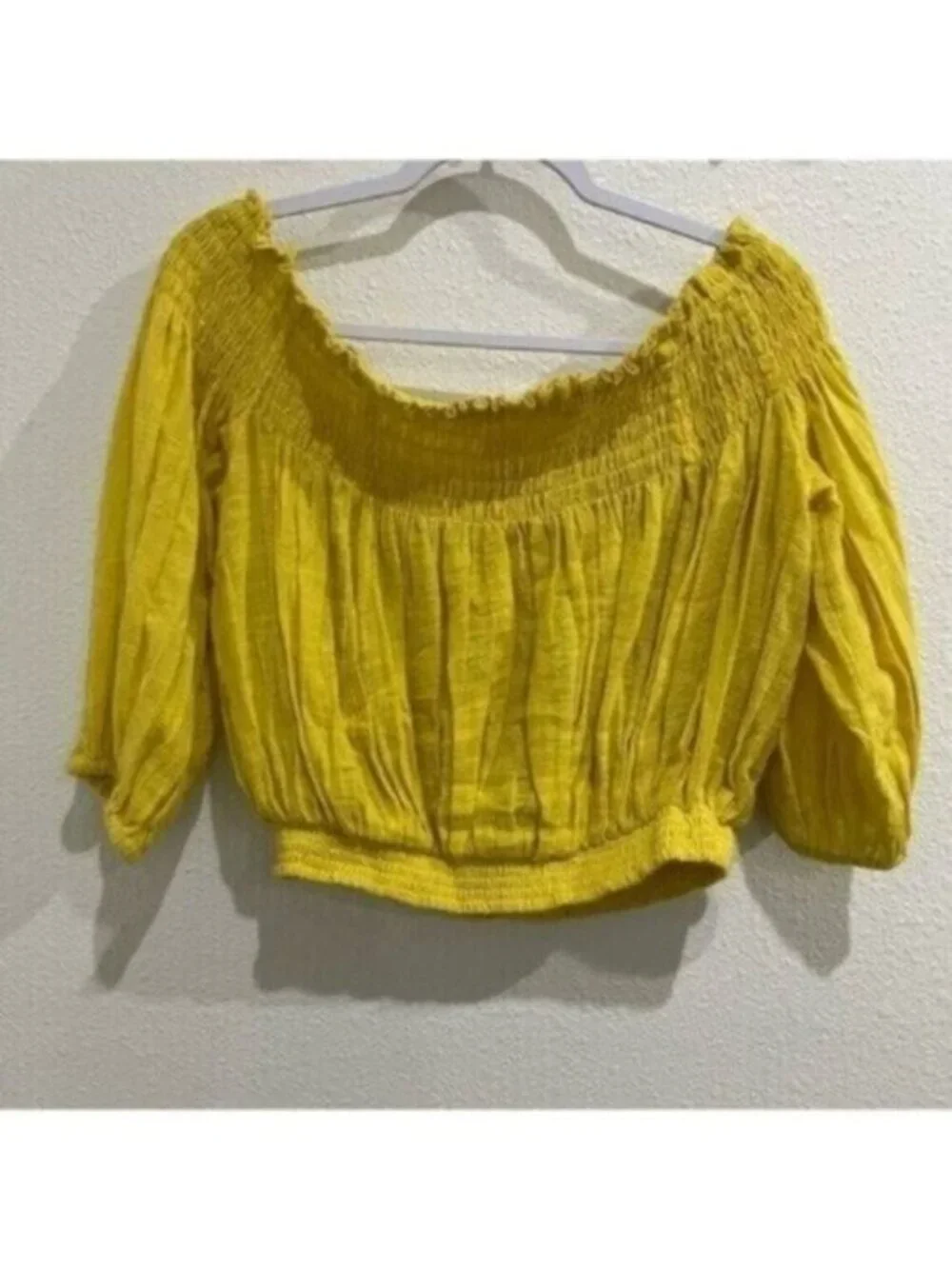 Free People Gauzy Yellow Feminine Top Puff Sleeve On Off Shoulder Cottagecore